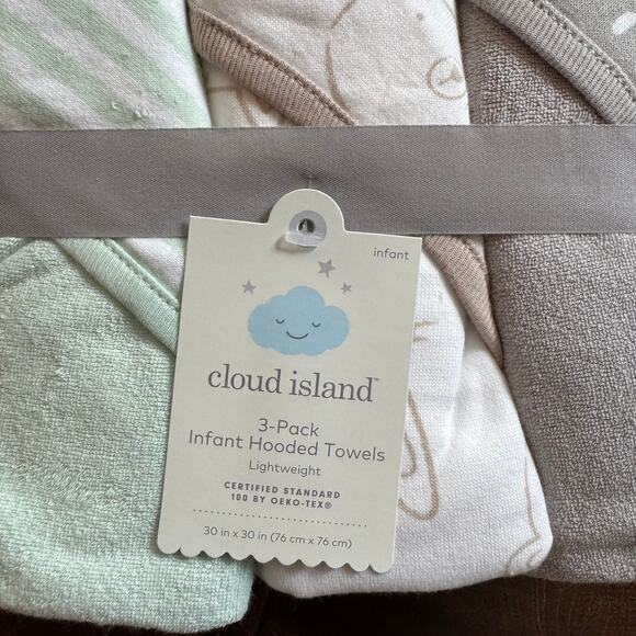Cloud Island Infant Hooded Towels 3 Pack Boy Gender Neutral Green Gray NEW - Picture 2 of 4